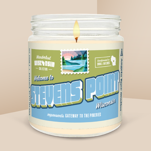 Stevens Point soy candle in a 9 oz glass jar, from the Wanderlust Wisconsin Collection by Angela Rose Studios.