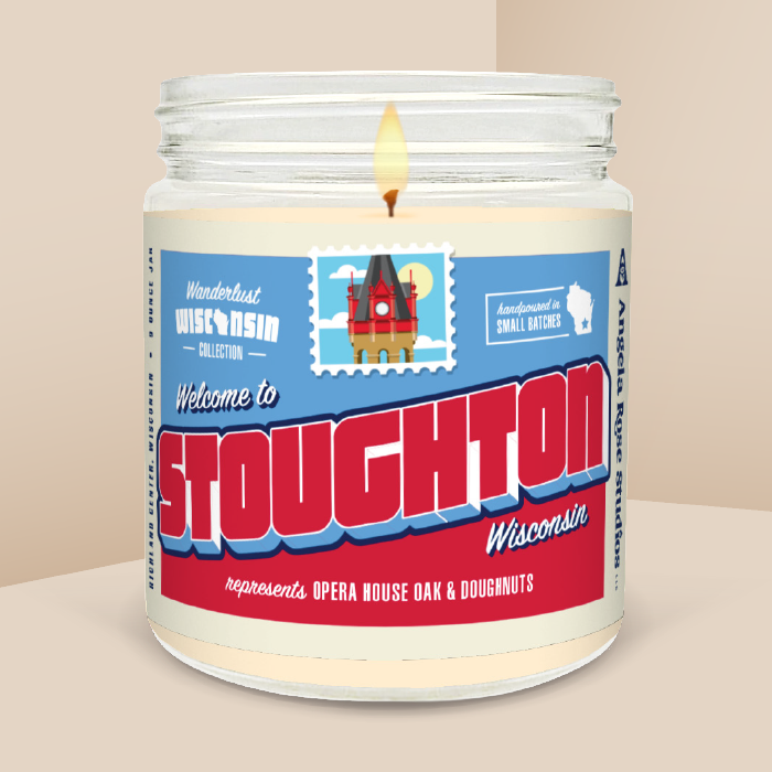 Stoughton soy candle in a 9 oz glass jar, from the Wanderlust Wisconsin Collection by Angela Rose Studios.