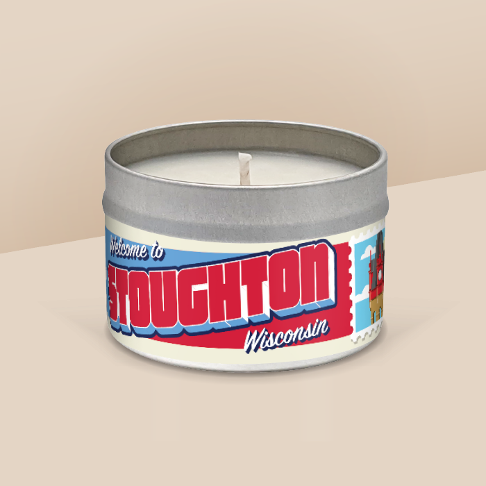 Stoughton soy candle in a 8 oz travel tin, from the Wanderlust Wisconsin Collection by Angela Rose Studios.