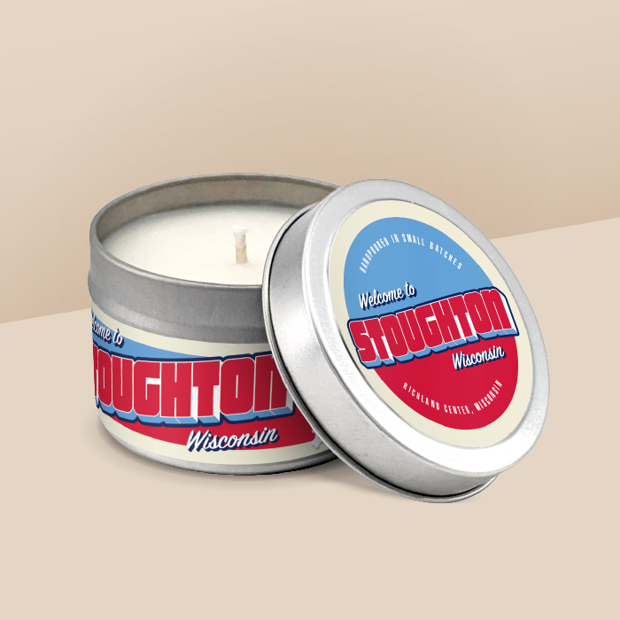 Stoughton soy candle in a 4 oz travel tin, from the Wanderlust Wisconsin Collection by Angela Rose Studios.