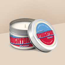 Load image into Gallery viewer, Stoughton soy candle in a 4 oz travel tin, from the Wanderlust Wisconsin Collection by Angela Rose Studios.