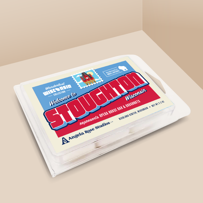 Stoughton soy wax melt with 6 cubes, from the Wanderlust Wisconsin Collection by Angela Rose Studios.