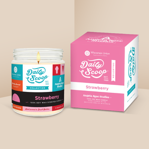 Strawberry soy candle in a 9 oz glass jar with packaging box, from the Daily Scoop Collection by Angela Rose Studios. An officially licensed product, made in collaboration with the Wisconsin Union.