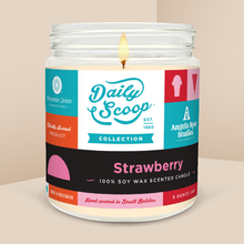 Load image into Gallery viewer, Strawberry soy candle in a 9 oz glass jar, from the Daily Scoop Collection by Angela Rose Studios. An officially licensed product, made in collaboration with the Wisconsin Union.