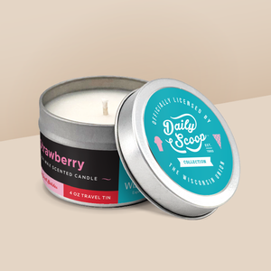 Strawberry soy candle in a 4 oz travel tin, from the Daily Scoop Collection by Angela Rose Studios. An officially licensed product, made in collaboration with the Wisconsin Union.