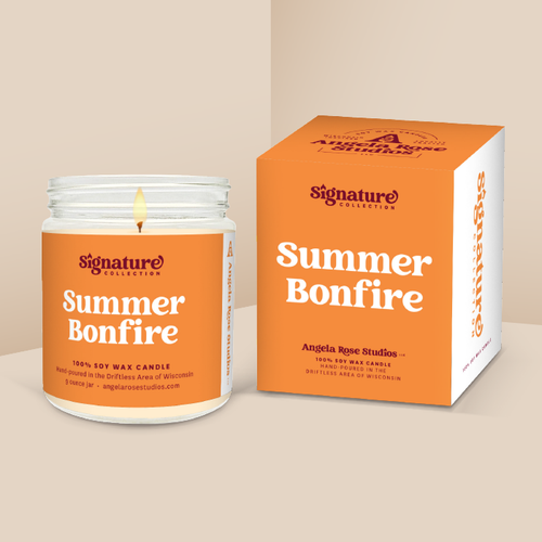 Summer Bonfire soy candle in a 9 oz glass jar with packaging box, from the Signature Collection by Angela Rose Studios.
