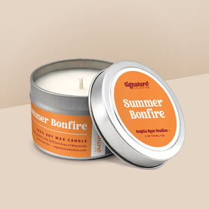Summer Bonfire soy candle in a 4 oz travel tin, from the Signature Collection by Angela Rose Studios.
