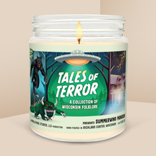 Load image into Gallery viewer, Summerwind Mansion soy candle in a 9 oz glass jar, from Tales of Terror: A Collection of Wisconsin Folklore by Angela Rose Studios.
