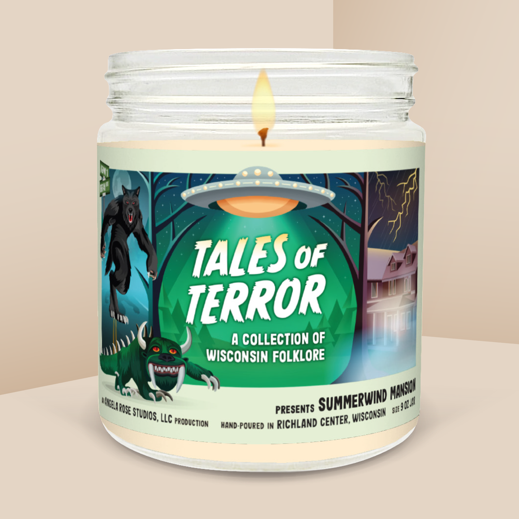 Summerwind Mansion soy candle in a 9 oz glass jar, from Tales of Terror: A Collection of Wisconsin Folklore by Angela Rose Studios.