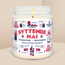 Load image into Gallery viewer, Syttende Mai soy candle in a 9 oz glass jar, an exclusive seasonal release by Angela Rose Studios.