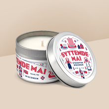 Load image into Gallery viewer, Syttende Mai soy candle in a 4 oz travel tin, an exclusive seasonal release by Angela Rose Studios.