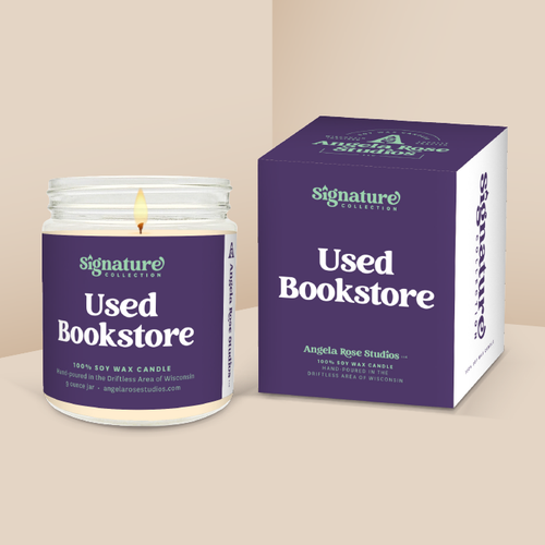 Used Bookstore soy candle in a 9 oz glass jar with packaging box, from the Signature Collection by Angela Rose Studios.