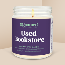 Load image into Gallery viewer, Used Bookstore soy candle in a 9 oz glass jar, from the Signature Collection by Angela Rose Studios.