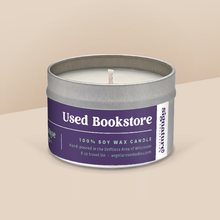 Load image into Gallery viewer, Used Bookstore soy candle in a 8 oz travel tin, from the Signature Collection by Angela Rose Studios.
