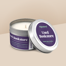Load image into Gallery viewer, Used Bookstore soy candle in a 4 oz travel tin, from the Signature Collection by Angela Rose Studios.