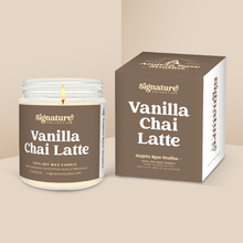 Load image into Gallery viewer, Vanilla Chai Latte soy candle in a 9 oz glass jar with packaging box, from the Signature Collection by Angela Rose Studios.