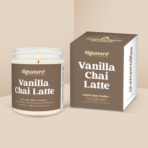 Vanilla Chai Latte soy candle in a 9 oz glass jar with packaging box, from the Signature Collection by Angela Rose Studios.