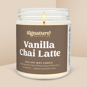 Vanilla Chai Latte soy candle in a 9 oz glass jar, from the Signature Collection by Angela Rose Studios.
