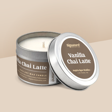 Load image into Gallery viewer, Vanilla Chai Latte soy candle in a 4 oz travel tin, from the Signature Collection by Angela Rose Studios.