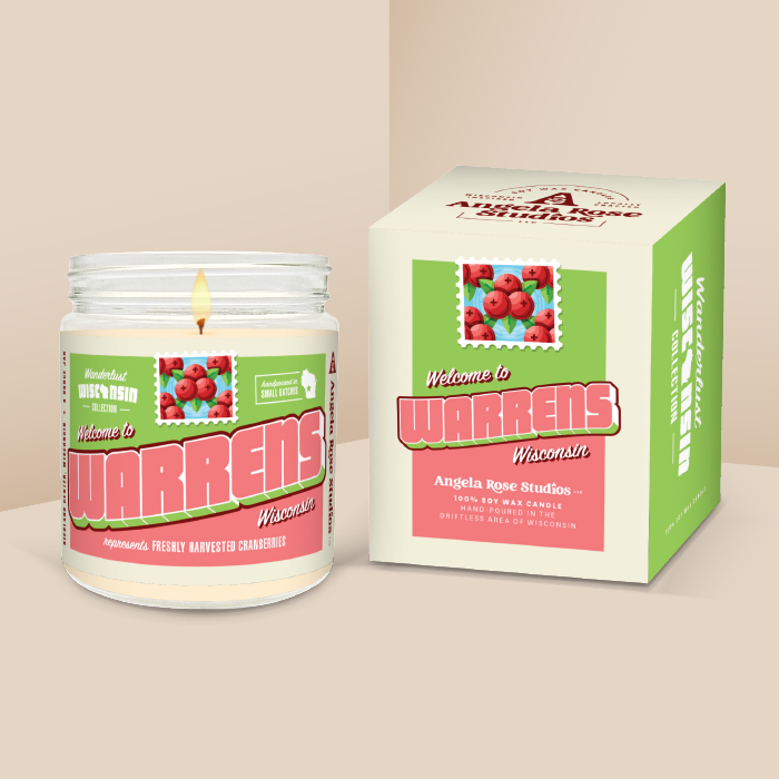 Warrens soy candle in a 9 oz glass jar with packaging box, from the Wanderlust Wisconsin Collection by Angela Rose Studios.