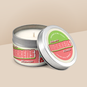 Warrens soy candle in a 4 oz travel tin, from the Wanderlust Wisconsin Collection by Angela Rose Studios.